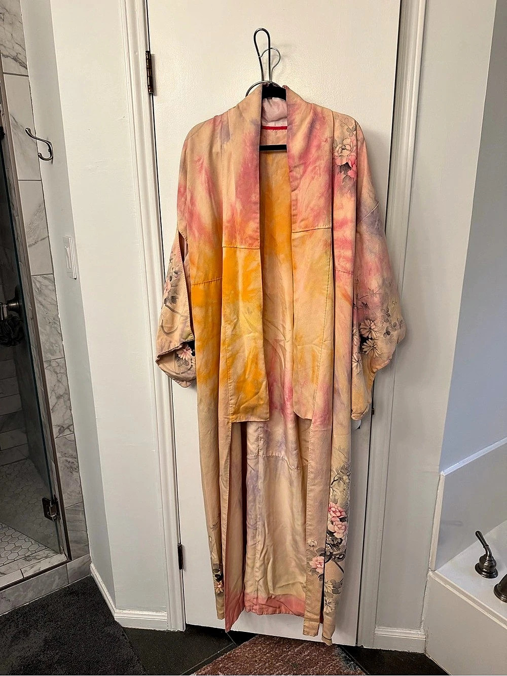 Kazmik Grace Silk Hand Dyed Kimono Floral Silk Kimono in Pink & Orange NWT